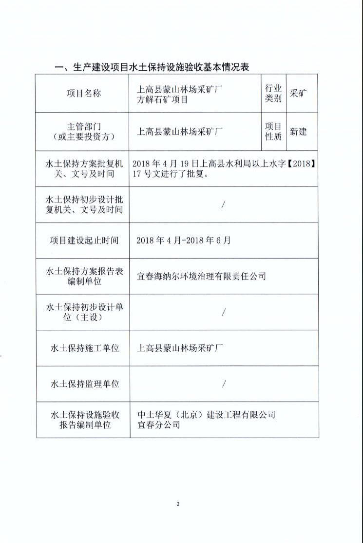 上高縣蒙山林場采礦廠方解石礦項目水土保持設(shè)施驗收鑒定書(1)